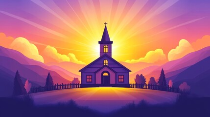 Fototapeta premium The silhouette of a church perched on a hill is bathed in a warm, radiating glow, set against the backdrop of a vibrant sunset, evoking a sense of peace