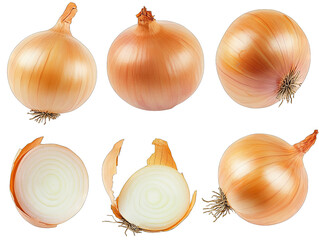 A Collection Of Six Yellow Onions Showing The Whole Onion Half Onion And The Onion With Its Skin Peeled Off The Onions Are Isolated On A Transparent Background