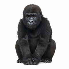 Fototapeta premium A young gorilla sitting with its arms resting on its knees, expressive eyes, thick dark fur, relaxed and thoughtful expression, white background