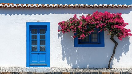 Whitewashed house with vibrant blue door and window, bougainvillea