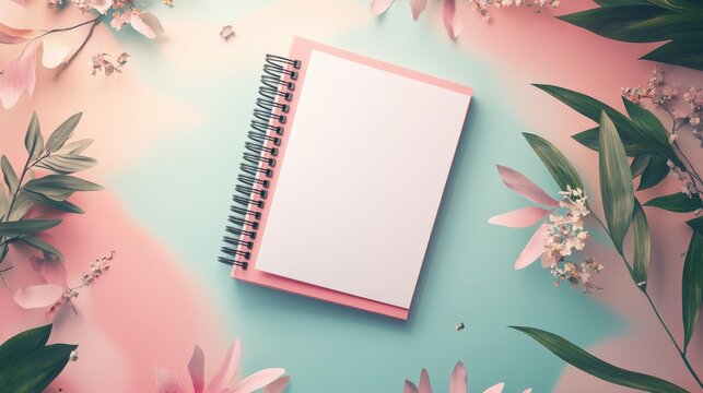 Pastel Pink Floral Notebook Flatlay on Soft Background