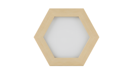 A hexagonal wooden frame with a blank interior, set against a plain backdrop, ideal for showcasing artwork or photos