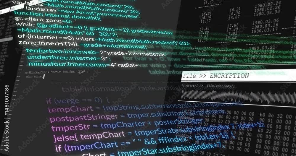 Poster javascript code scrolling across dark screen while encryption panel processing key waveform