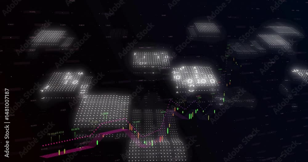 Poster Floating dot panels displaying binary code and candlestick charts moving through dark virtual space