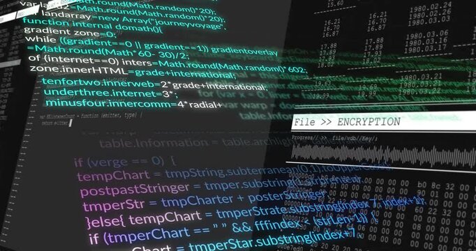 JavaScript code scrolling across dark screen while encryption panel processing key waveform