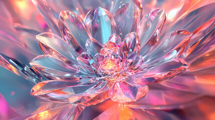 Abstract crystal fractal gem with neon light background. 3d rendering. [Mirrored Realms] | Refract Bloom | bent petal. Illustration