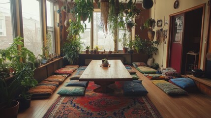 Sunlit room with wooden table and floor cushions abundant plants and hanging planters