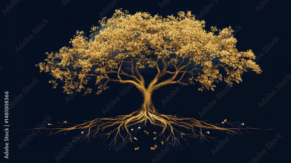 Poster the digital rendering features a tree with golden hues and interconnected roots, spanning a dark and