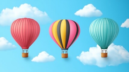 Obraz premium In the sky, a pink hot air balloon is suspended, floating serenely through a rainbow of colors and fluffy white clouds, a high-quality scene