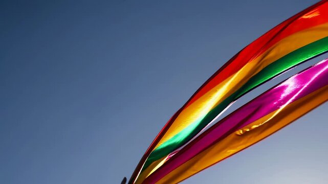 Low-angle video shot of a hand holding a colorful ribbon against a clear blue sky, capturing a sense of freedom and movement in a minimalist style.
