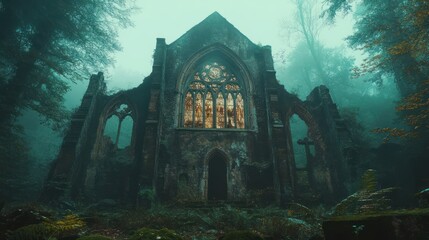 Fototapeta premium Misty ruin of an ancient chapel