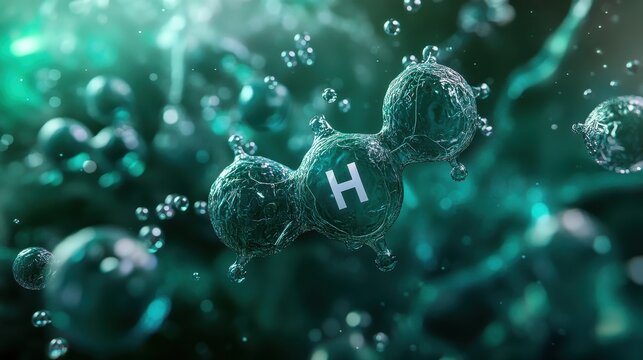 Teal Hydrogen Molecule 3D Rendering Microscopic View