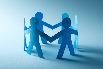 Blue paper figures forming a circle, symbolizing unity, teamwork, and collaboration
