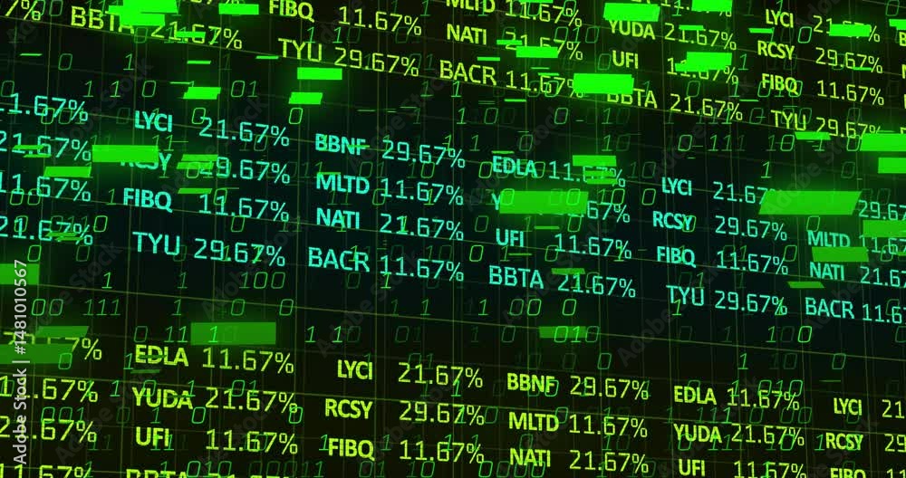 Poster floating green ticker symbols and percentages swirling over dark grid with cascading binary digits