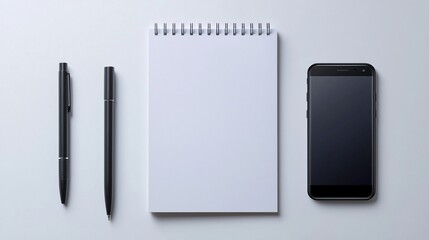 Blank notepad, pens, and phone