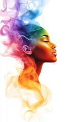 Fototapeta premium Against a white background, a woman's face gazes upward as fluid art in various colors flows above her head