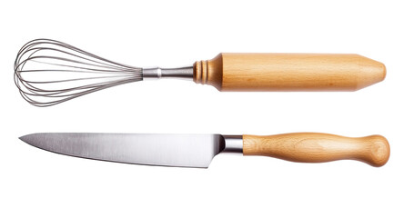 Set of chef tools - knife, whisk. Each element is separately isolated