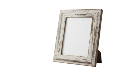 Rustic wooden photo frame standing on a surface, showcasing its weathered charm and empty interior, ideal for personal memories