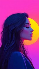 Naklejka premium The profile of a woman is shown with her eyes closed, gazing peacefully as a yellow sun shines down on her, contrasted against a kaleidoscope of colorful waves
