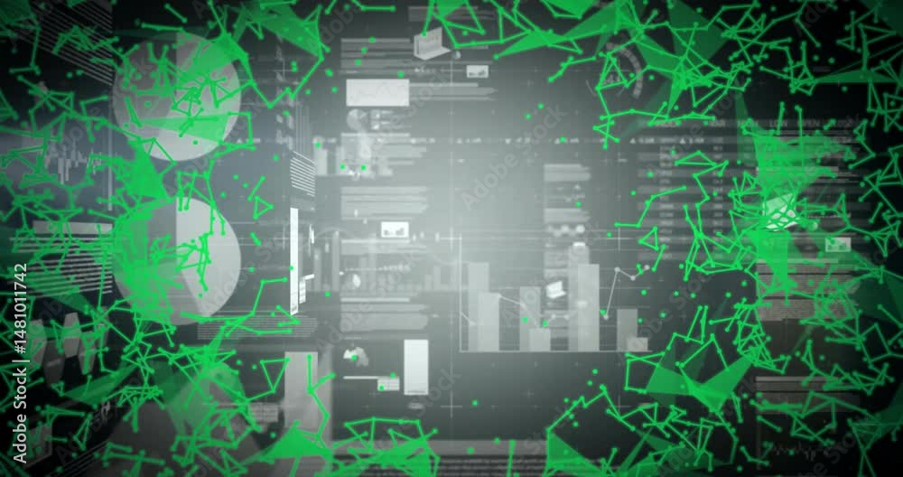 Poster green network of dots connecting across dark panels while charts sliding in data dashboard