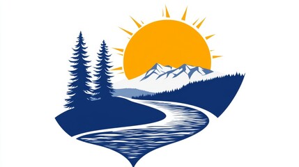 Obraz premium The scene features a stylized representation of snowy mountains with a winding blue river flowing at their base beneath a shining sun