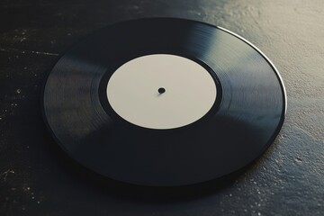 A vintage vinyl record, black with a blank white label, sits on a dark surface.  Detailed close-up view of the disc