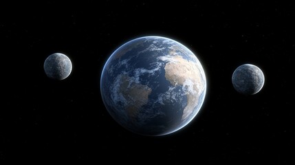 Fototapeta premium Earth is positioned in dark outer space with its continents and oceans visible and encircled by a blue atmospheric layer