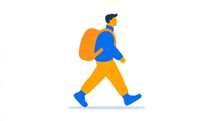 Obraz premium With a backpack in tow, a male figure moves forward, positioned amidst an assortment of abstract red and yellow shapes on a white background