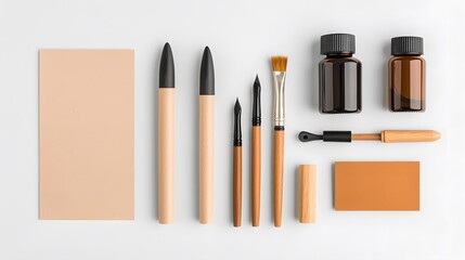 Flatlay of Calligraphy Set: Nib Pens, Ink Bottles, and Brushes on White Background