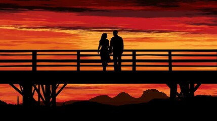 Under a bright, hazy sun, silhouetted figures make their way across a bridge, surrounded by the vibrant colors of autumnal trees and the majestic presence of misty mountains