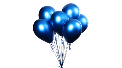 A cluster of shiny blue balloons tied together with ribbons against a black background studio shot