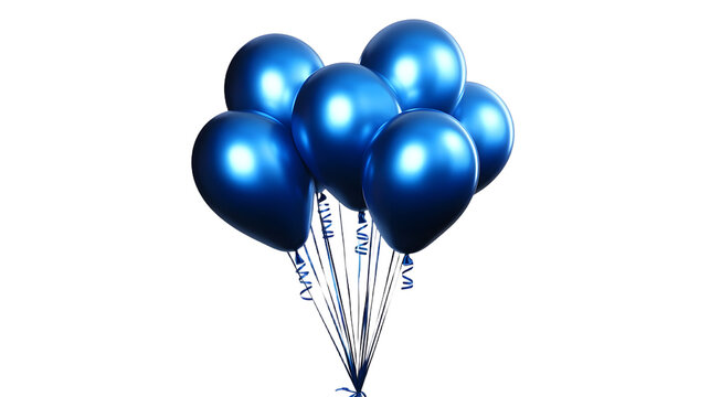 A cluster of shiny blue balloons tied together with ribbons against a black background studio shot