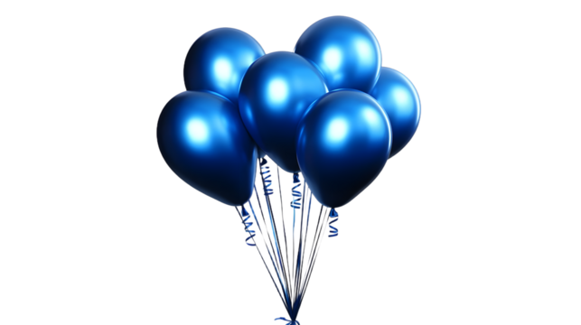 A cluster of shiny blue balloons tied together with ribbons against a black background studio shot