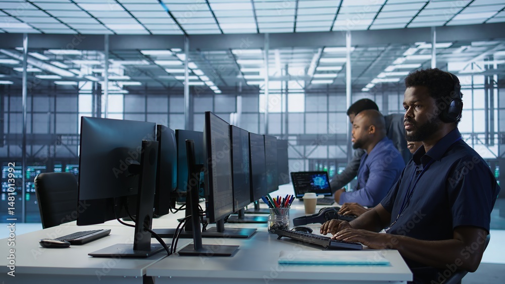 Poster data center admin typing on keyboard, maintaining company network infrastructure by configuring hard