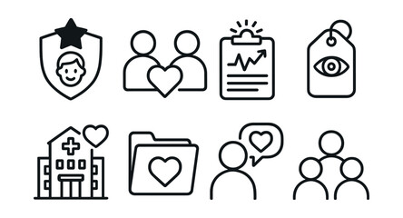Line style icons of donation success and impact: life saved badge, donor and recipient connection icon, recovery with hope chart, gift of sight tag, hospital discharge with heart, “you made a