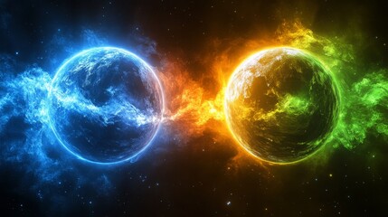 A dark, starry space background serves as the setting for two planets that are closely positioned, with vibrant auras of green and blue energy surrounding them