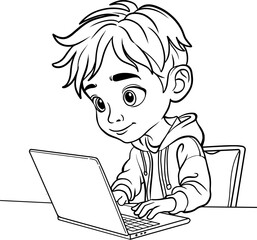  child using laptop line vector illustration isolated on white background