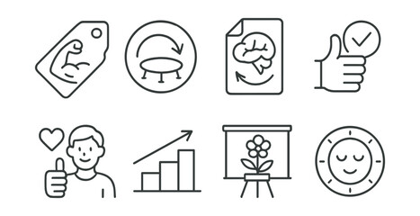 Line style icons of mental fitness and resilience: inner strength tag, bounce back badge, flexible mindset file, &ldquo;you&rsquo;ve got this&rdquo; symbol, step by step chart, grow through challenge board, brave