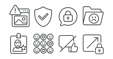 Line style icons of emotional safety online: report harmful content icon, safe platform badge, private story bubble, block negativity file, positive online role model tag, empathy emoji board, no