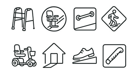 Line style icons of mobility and accessibility: walker icon, stair lift badge, handrail along wall tag, non-slip floor symbol, mobility scooter file, ramp into home icon, assistive shoe board,