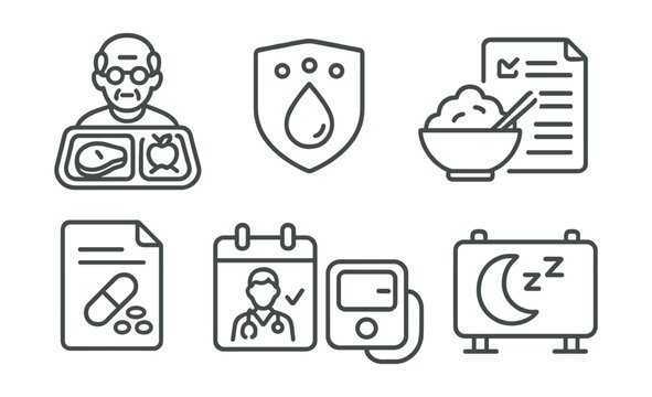 Line style icons of health and nutrition: meal tray for senior, hydration tracker badge, soft food icon, diet plan card, vitamins file, doctor checkup schedule, blood pressure monitor symbol, rest