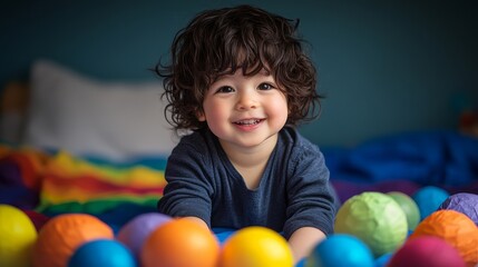 Obraz premium The image depicts a smiling boy wearing gray, posing in an indoor setting near an assortment of colorful building blocks