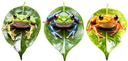 Set of three different frog species on leaves. Each element is separately isolated