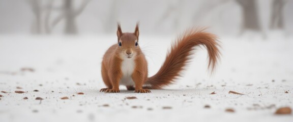 Red squirrel facing forward, paws on ground, against bright white backdrop ,  winter,  forest