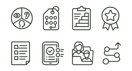 Line style icons of differentiated instruction: learning styles circle, multiple intelligences tag, scaffolded lesson plan, peer tutor badge, leveled worksheet icon, adaptive test format, teacher