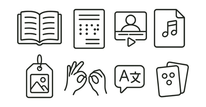 Line style icons of accessible learning materials: large print book icon, braille worksheet badge, captioned video screen, audio textbook file, picture-based guide tag, sign language resource board,