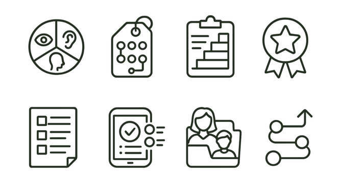 Line style icons of differentiated instruction: learning styles circle, multiple intelligences tag, scaffolded lesson plan, peer tutor badge, leveled worksheet icon, adaptive test format, teacher