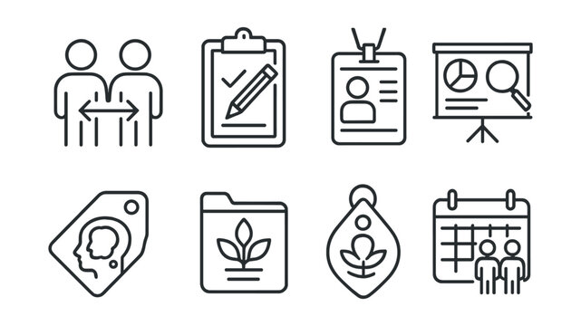 Line style icons of teacher tools for inclusion: co-teaching icon, inclusive planning guide, support staff badge, equity lens board, reflection journal tag, training in UDL file, inclusive mindset