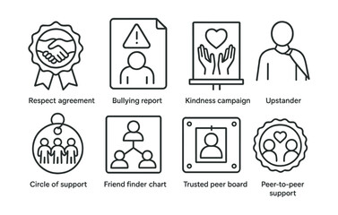 Line style icons of anti-bullying and belonging: respect agreement badge, bullying report file, kindness campaign poster, upstander role icon, circle of support tag, friend finder chart, trusted peer
