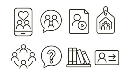 Line style icons of parenting support networks: parenting app icon, support chat group badge, advice podcast file, community resource tag, peer circle board, ask for help bubble, parenting library
